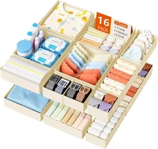DIMJ Drawer Organizer Clothes - 16 Pack Baby Dresser 16 Pack, Beige 
