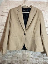 ZARA Zara Perforated Embroidery Blazer 14 Tan with Black Speckles One Button