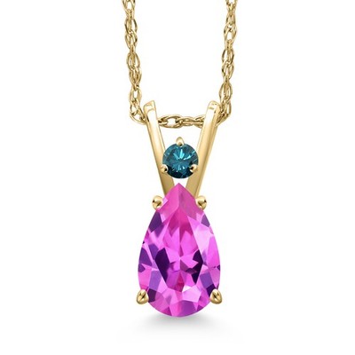 14K Yellow Gold Pink Created Sapphire and Blue Diamond Pendant Necklace for