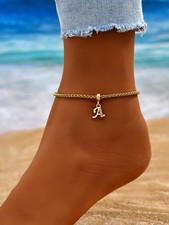 Gold Stainless Steel Anklet with CZ Letter Charm 26 Alphabet Options