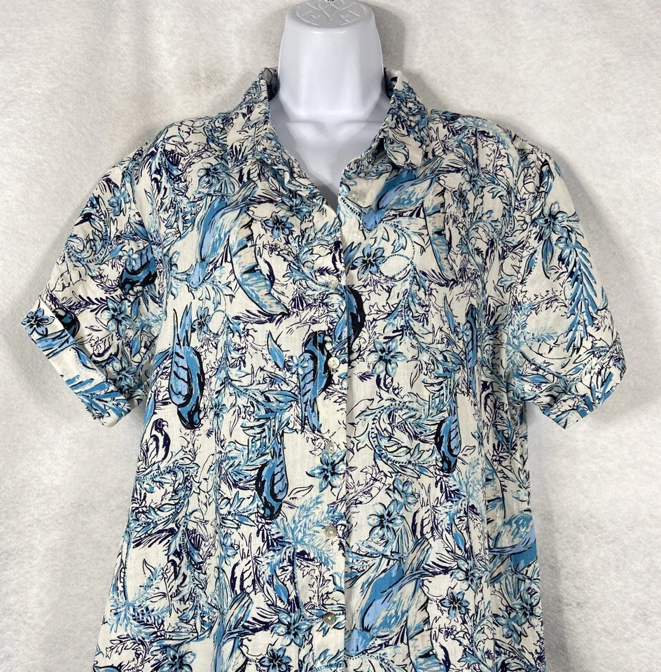 Tahari Shirt Dress Women’s XL Blue White Button Down Floral 100% Linen Collard - Image 2 of 4