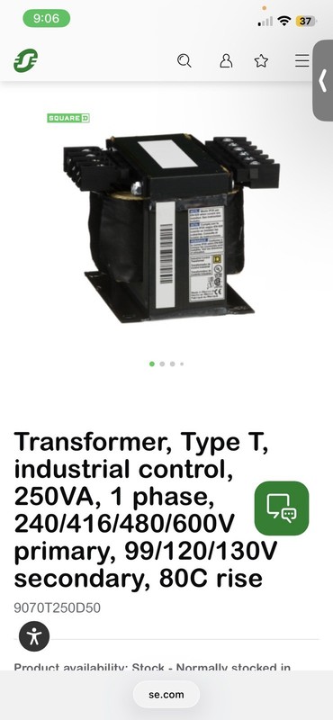 Square D Industrial Control Transformer 9070T250D50 0.25kVA 50/60Hz 480V-120V
