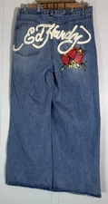 Ed Hardy Loose Fit Buckle Back Denim Jeans Size 34X32 Embroidered Wide Leg NWT