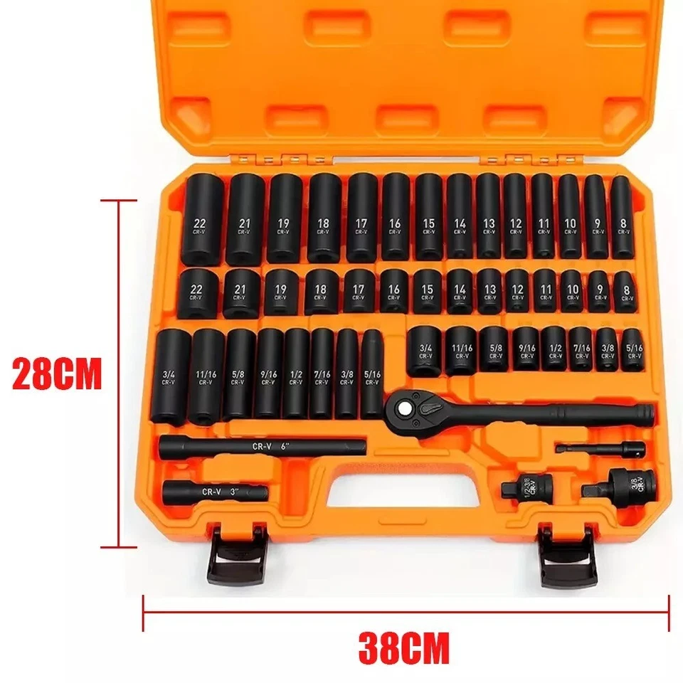50Pc 3/8" Drive Impact Socket Set Ratchet Wrench Metric SAE Deep Short Sockets - image 3 of 4