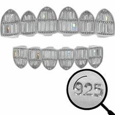 Real Solid 925 Sterling Silver Grillz Baguette Icy CZ Grills Top Or Bottom Teeth