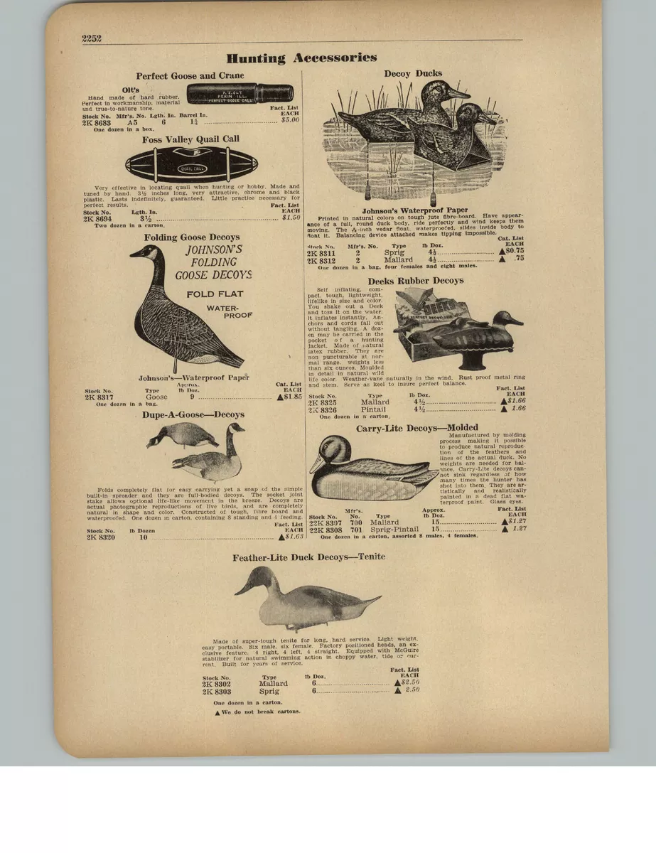 1951 PAPER AD Johnson's Waterproof Paper Duck Decoys Deeks Rubber