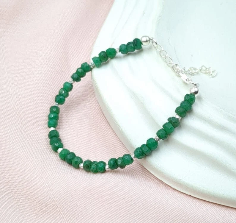 Pulseras hechas a mano con cuentas de piedras preciosas rondelle facetadas esmeralda verde natural 6-8"" Foto 3 de 4