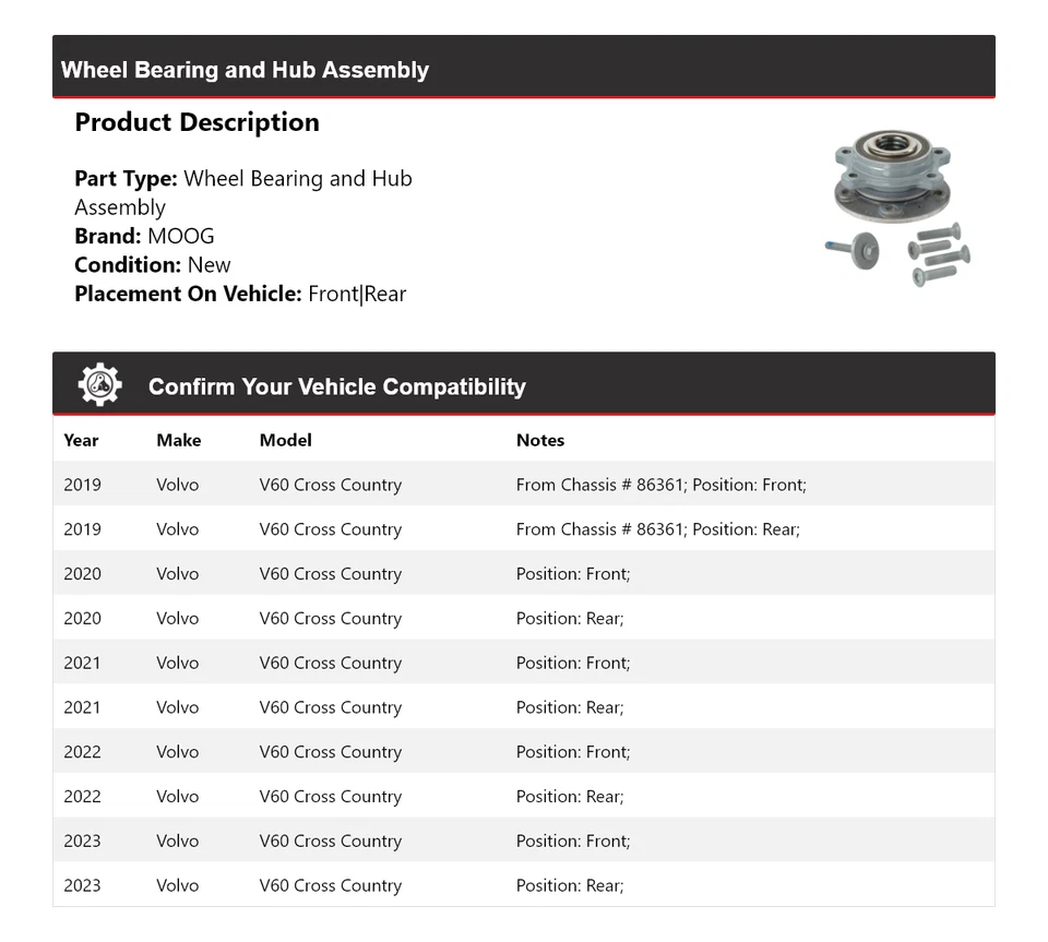 适用于 2019 - 2023 沃尔沃 V60 越野车轮轴承和轮毂组件 MOOG 2019 — 第 2/4 张图片
