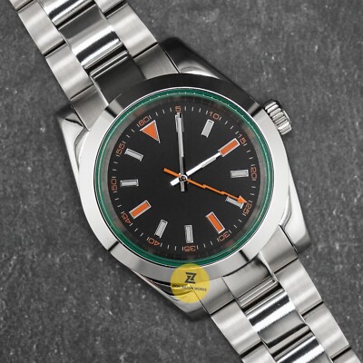 Custom Made 39mm Black Dial MIL Style Watch w/ Green Crystal NH35 Movement
