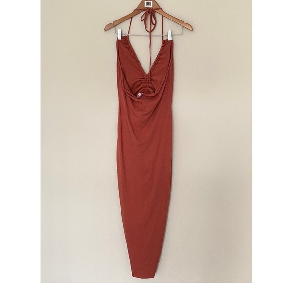 SUNDRY Coral Ruched Halter Slit MIDI Dress Women's Size 3/L | eBay