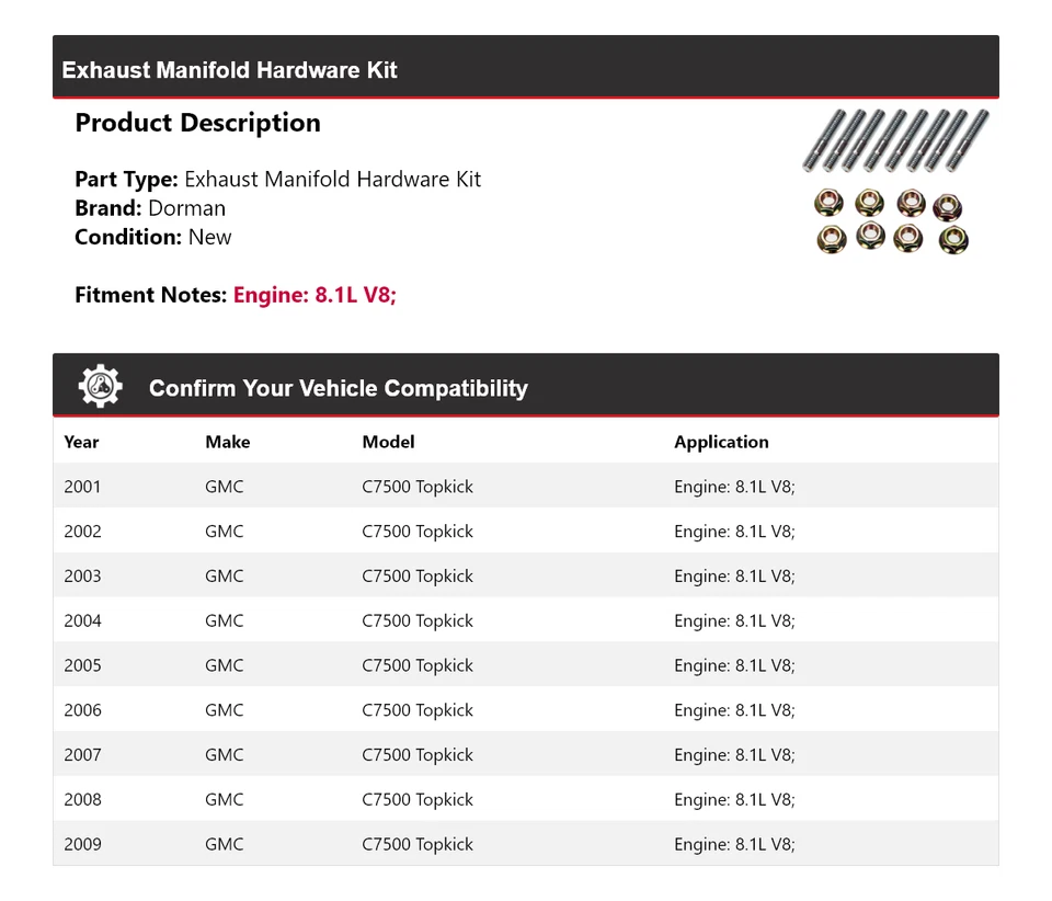 Kit de herrajes para colector de escape Dorman 8,1 L GMC C7500 2001-2009 Topkick Foto 2 de 4