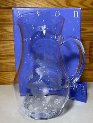 Vintage Avon Hummingbird Etched Crystal 8'' Pitcher NIB