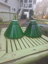 Pair (2) Vtg Emerald Green Cased Glass Lamp Shades Cone Pub Style Student 6"