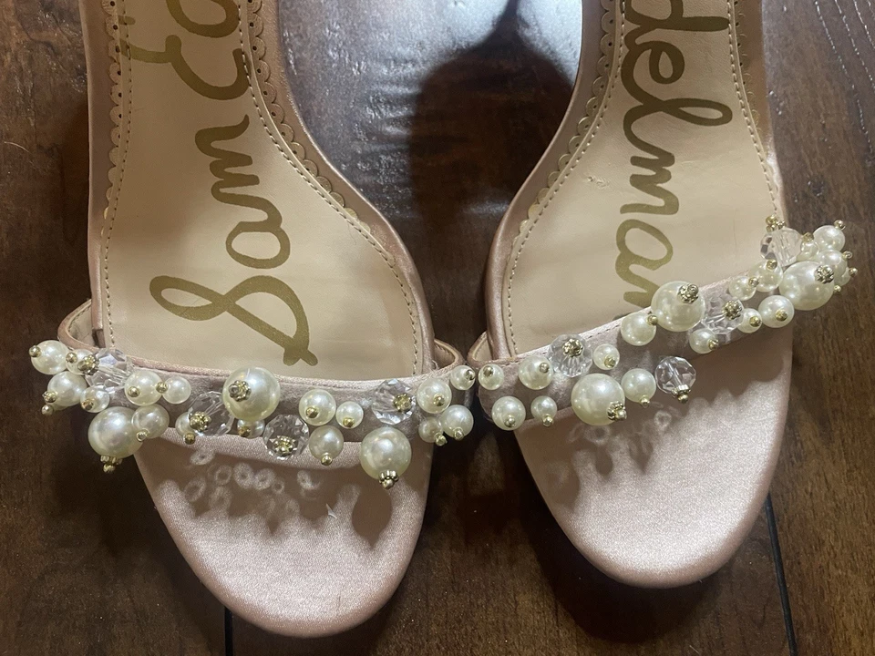 Sam Edelman Platt Pearl Detail Pink Satin Heels Ankle Strap Shoes Size 8 M - Image 2 of 4