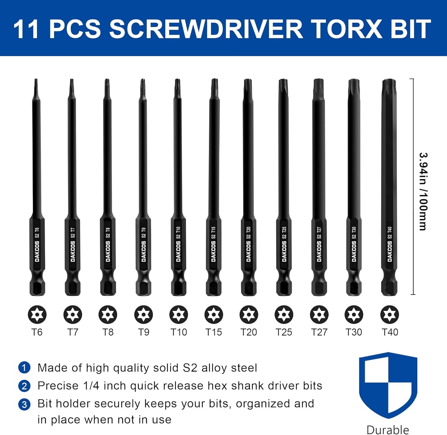 11PC Torx Bit Set, 4 inch Long Tamper T6/T7/T8/T9/T10/T15/T20/T25/T27/T30/T40 
