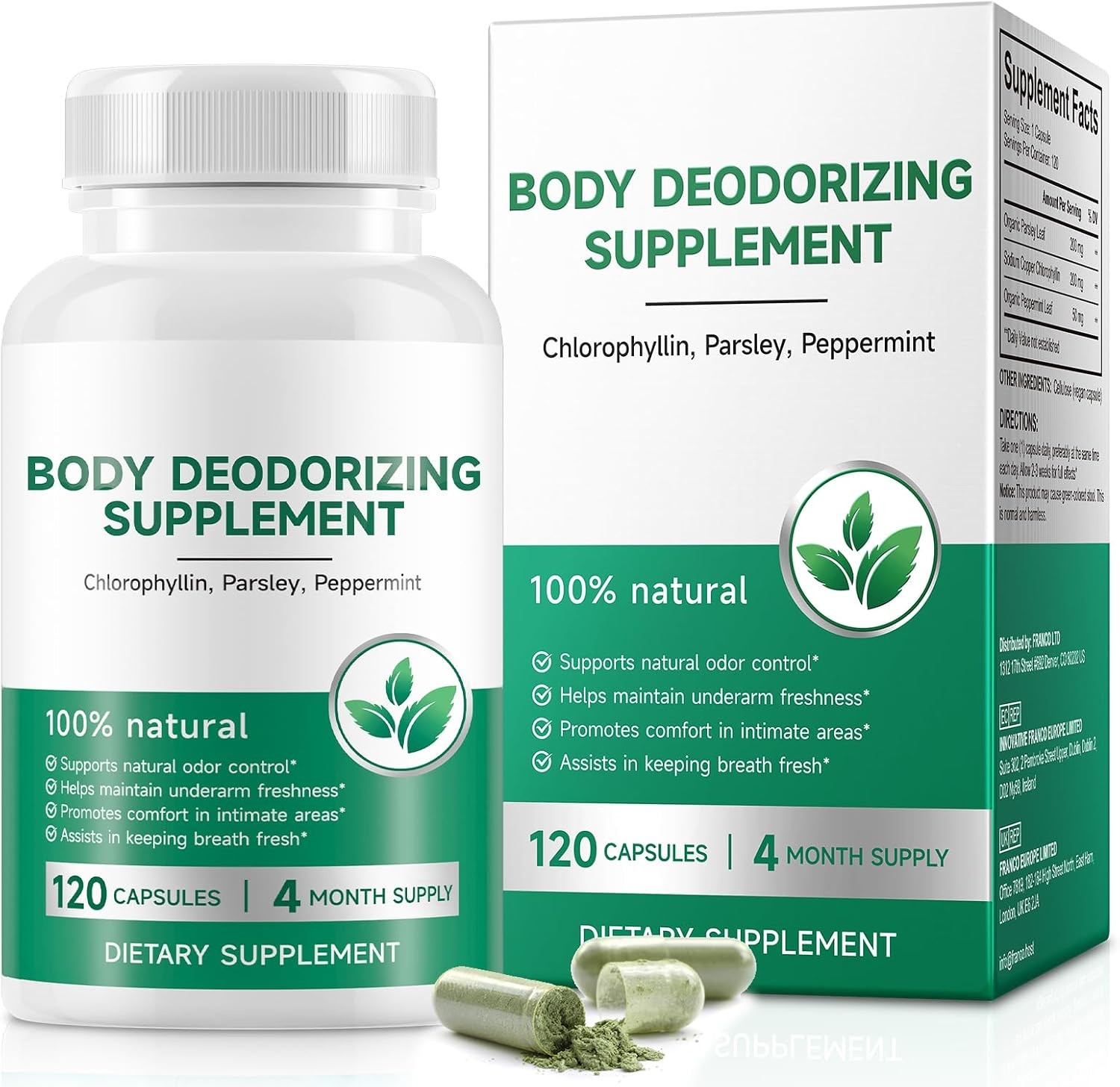 Body Deodorizing Supplement 120 Capsules, Internal Deodorant Chlorophyll Pills