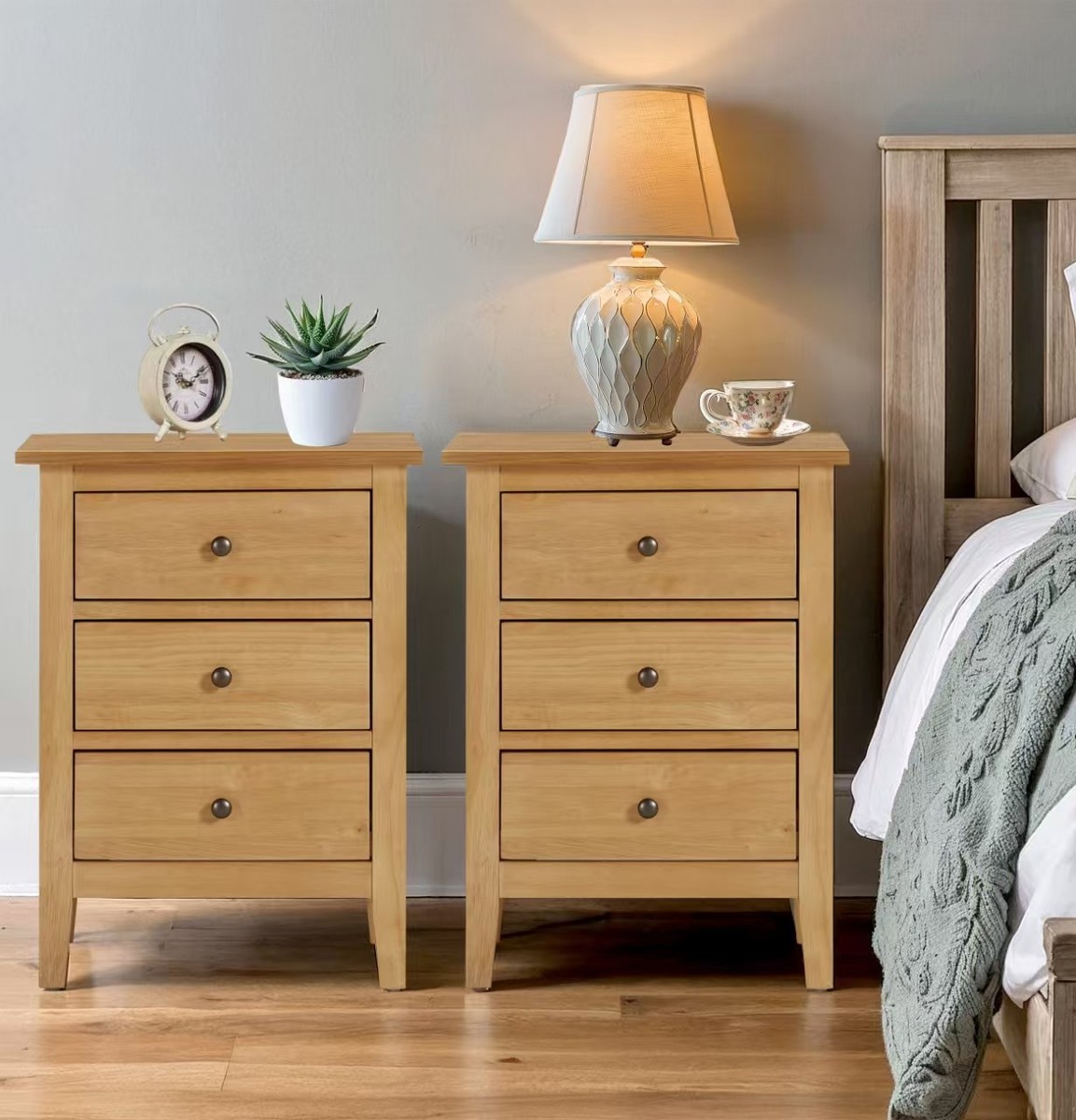 Bedside Table Set 2, Small Oak Veneer Side/Lamp Table, Nightstand with  Drawer