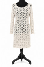 J. Jill Womens Open Knit Sweater Dress Small White Long Sleeve Scallop Cotton
