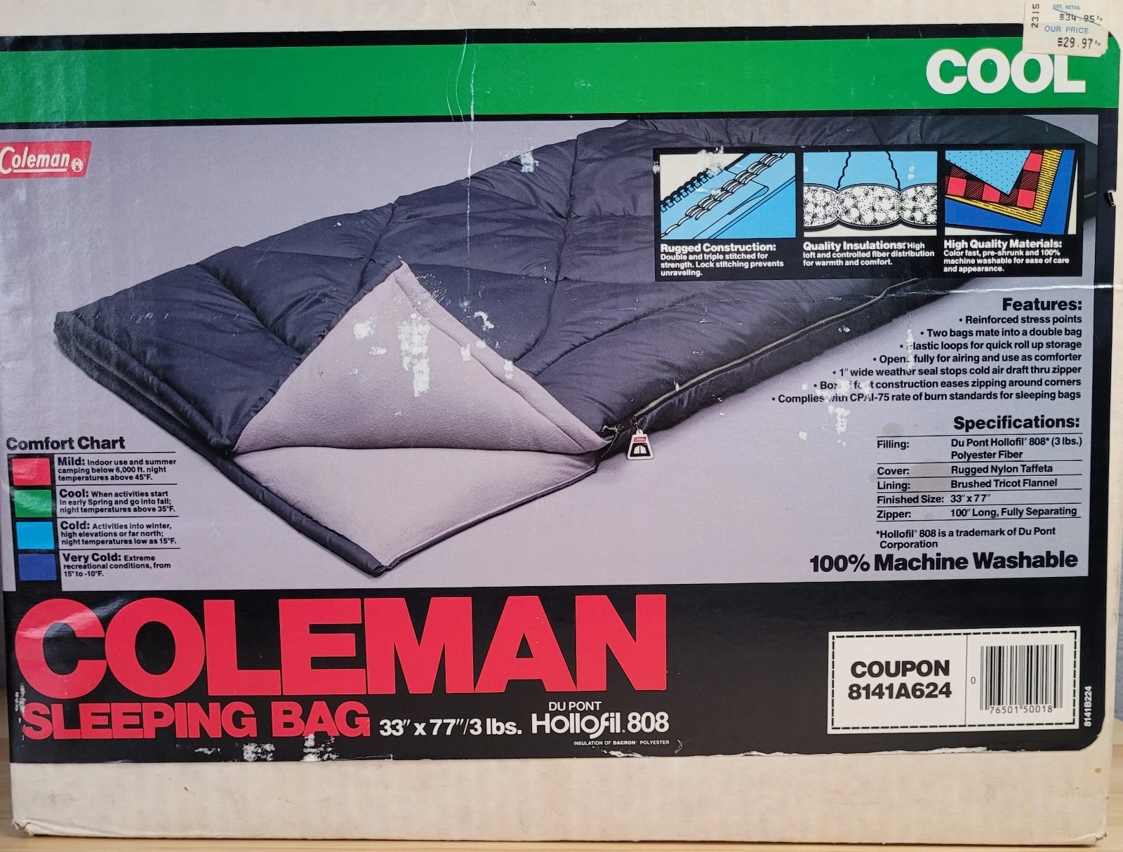 Vintage Coleman Hollofil 808 Sleeping Bag Unused In Original Box 33x77” 3lbs