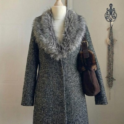 Vintage Gray Tweed Coat Faux Fur Collar Mob Wife Dark Academia Archive Core Y2K