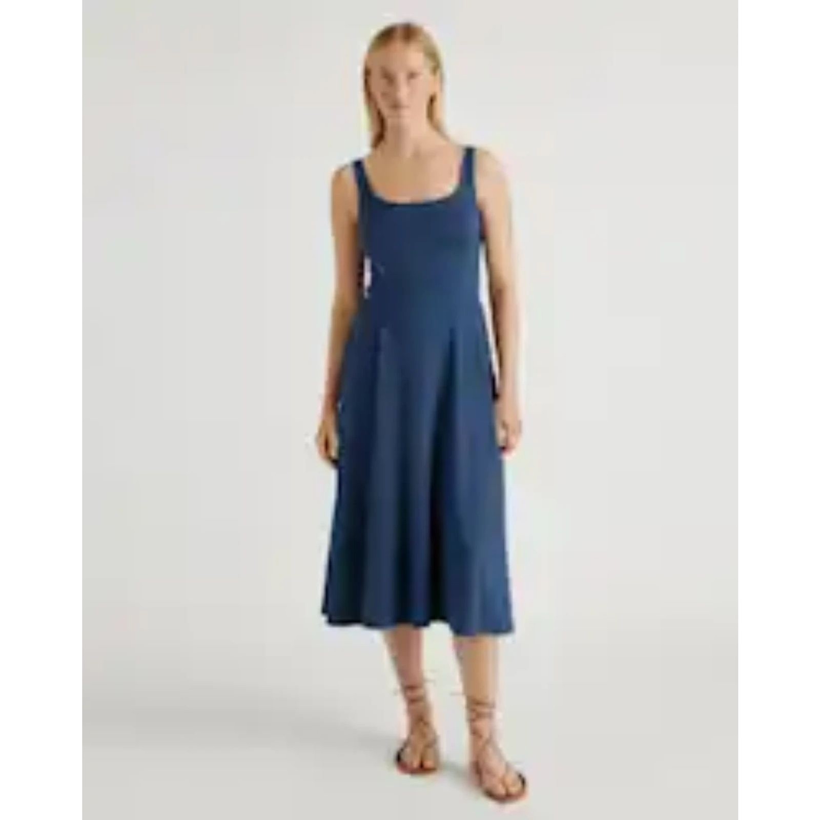 Quince Tencel Lyocell Fit and Flare Midi Dress Navy Blue Sleeveless Sz S