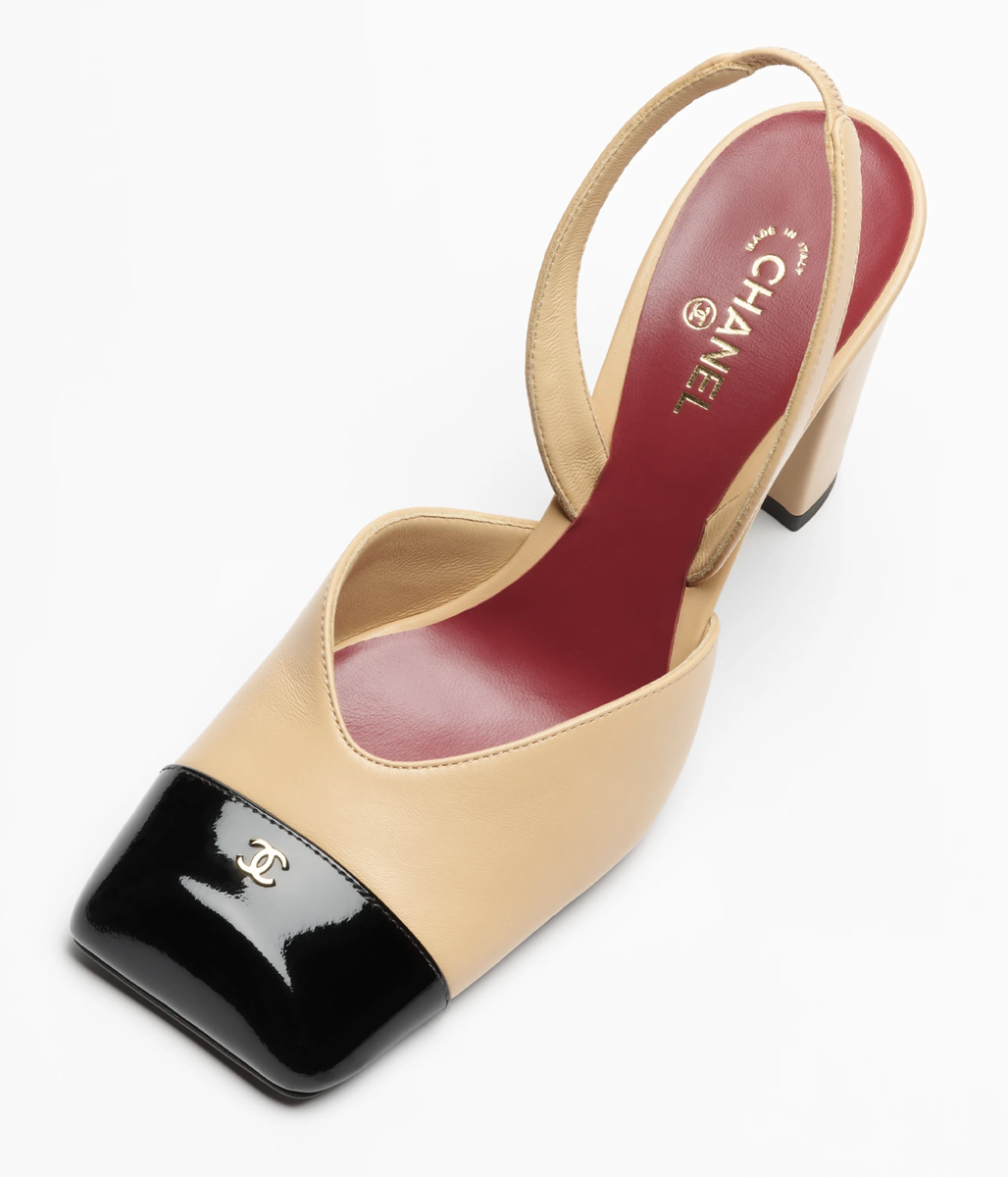 Chanel 26S Blazy Beige Black Square Toe Sling CC Slingback Block