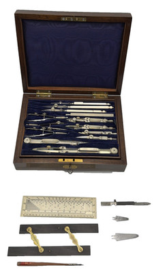 ANTIQUE ARCHITECT DRAFTING KIT ROSEWOOD CASE RARE CANVAS PROTECTIVE COVER
