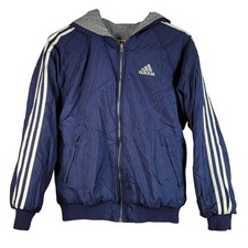 Adidas Reversible Jacket Blue Gray Small Zip Hood Logo Long Sleeve Vintage Y2K