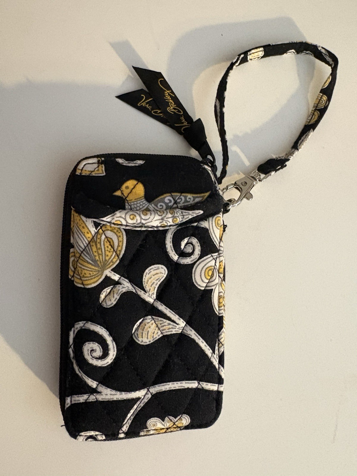 Vera Bradley Wristlet Wallet Zip Around Clutch Phone Holder Black Yellow Bird