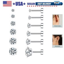 6 Pairs Hypoallergenic Cubic Zirconia Earrings Surgical Steel Flat Back Studs...