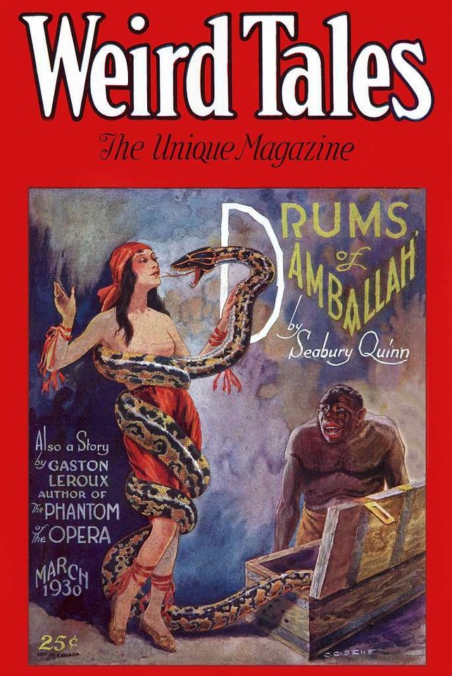 A metal tin sign reproducing lurid 1930s Weird Tales pulp horror covers — atmospheric, striking wall art with serious genre-nerd credentials.