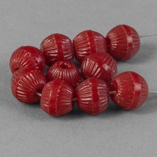 West German lustrous fluted red molded glass beads. 8mm. 1960s. Pkg of 50