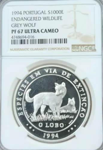 1994 PORTUGAL SILVER 1000 ESCUDOS S1000E GREY WOLF NGC PF 67 ULTRA CAMEO SCARCE 