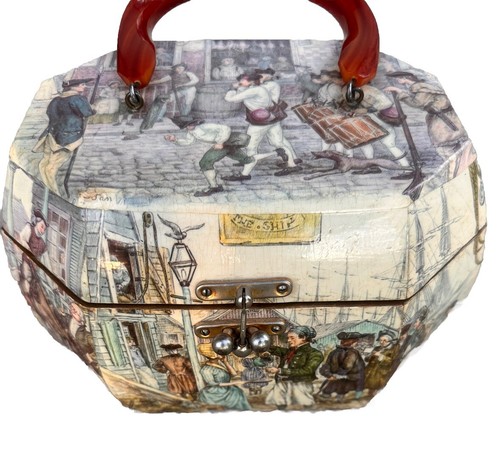 Vintage Colonial Scene With Person of color Decoupage Purse w/ Bakelite Handle - Picture 10 of 13