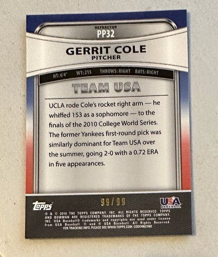 Gerrit Cole 2010 Bowman Platinum Blue Refractor ROOKIE #'d 99/99 2023 CY Young? - Picture 2 of 2