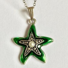 Starfish Necklace Choker Pearl Green Enamel 16-19" Chain Silver Plated Sea Life