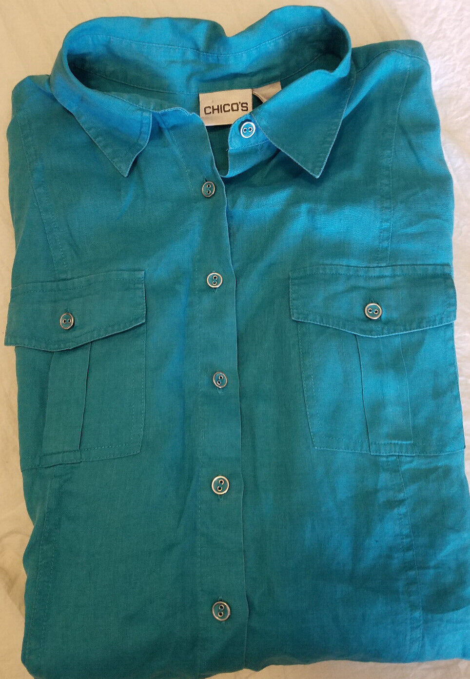 Chicos 100% Linen Button Front Shirt Turquoise Ad… - image 1