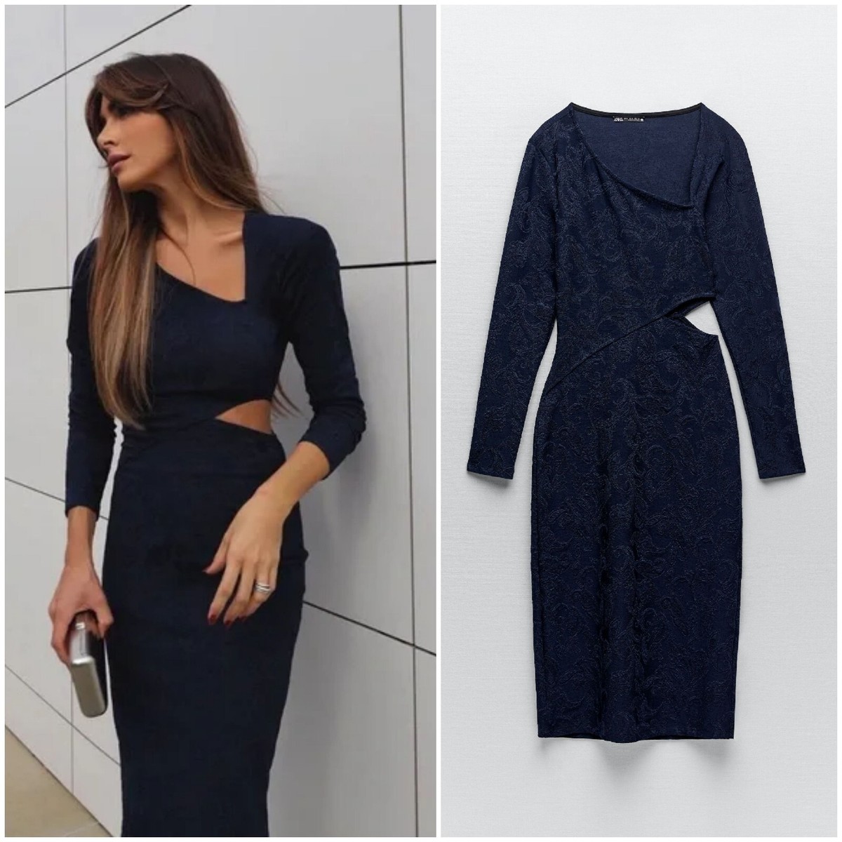 ZARA Navy Blue Jacquard Asymmetric Neck Cut Out Bodycon Midi Dress Size M,  EXC | eBay UK