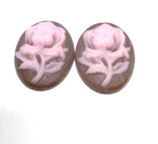 15 - Vintage 14x10mm Pink over Brown Single Rose Flower Resin Cameos Cabochons