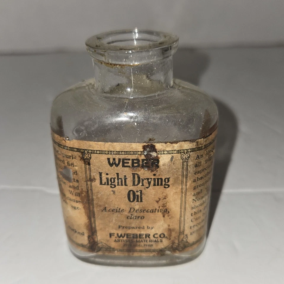 Antigua botella de vidrio en relieve Weber aceite de secado ligero con etiqueta de papel Philadelphia Foto 2 de 4