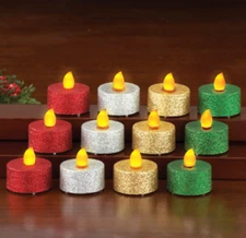 12 Flameless Flickering LED 1.5" Glitter Tea Lights Candles Red Gold Green Silvr