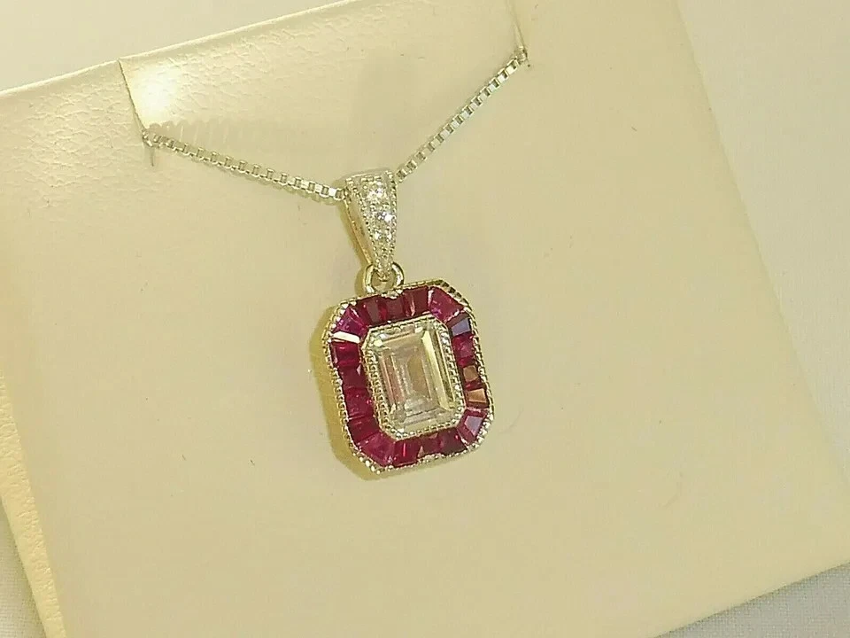 2.50Ct Art Deco Design White Lab-Created Diamond & Ruby Solid 925 Silver Pendant - Image 3 of 4