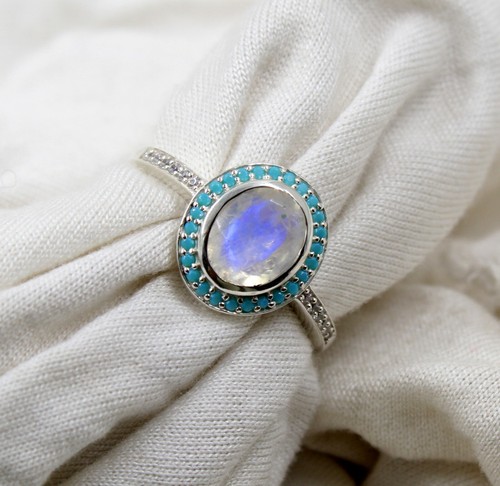 Rainbow Moonstone & Nano Turquoise Ring Size 10 Sterling 25 Silver Jewelry - Picture 5 of 8