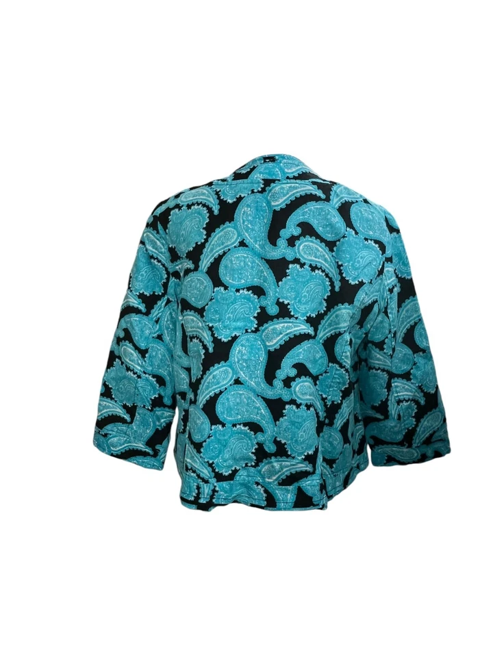 Chaqueta Blazer Kim Rogers Mujer PL Negra Azul Paisley Volantes Borde Frente Abierto Foto 2 de 4