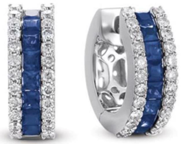 FILA ORECCHINI PENDENTI HUGGIE ORO BIANCO 14KT DIAMANTI E ZAFFIRO AAA 1 60 CT 3 FILE