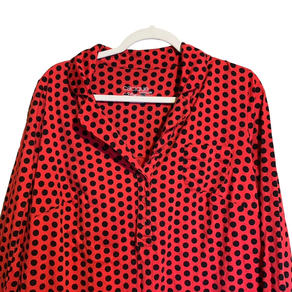 Cacique Sleepwear 14 16 Multicolor Red Black Polka Dot Sleep Shirt Cotton Pajama - Image 2 of 4