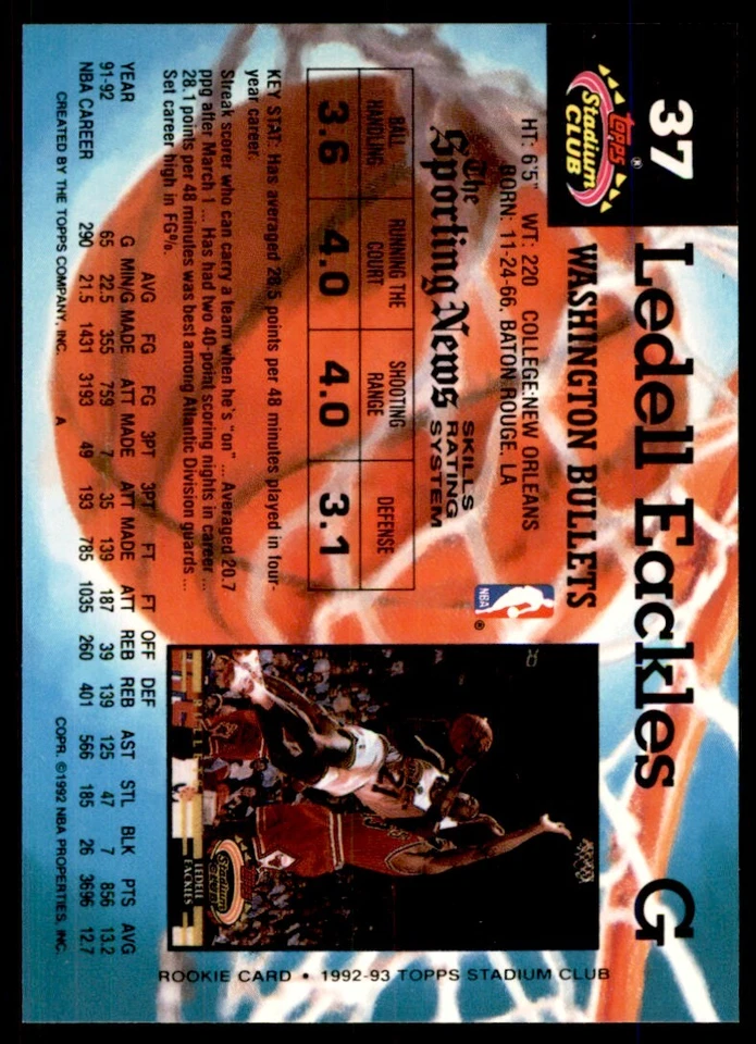 1992-93 Stadium Club Ledell Eackles Washington Bullets #37 - Image 2 of 2