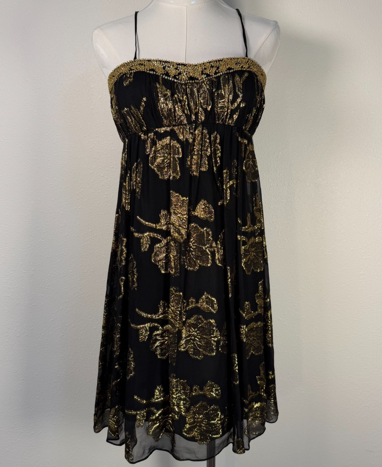 Caché Silk Metallic Beaded Chiffon Cocktail Dress Black Gold NWT Sz 8 $238