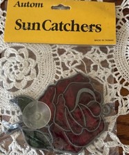Autom Sun Catcher Stained Glass Vintage NOS Red Rose   Taiwan 80s Window Decor
