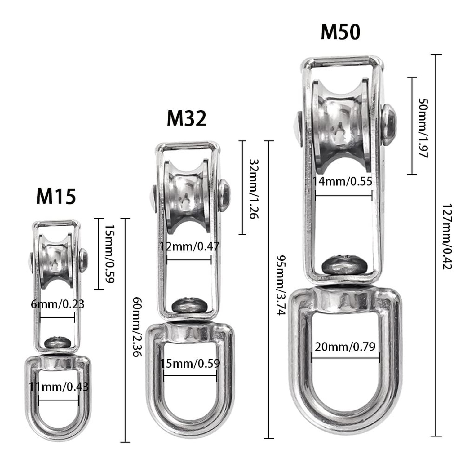 10 PCS M15 Single Pulley Blocks, HMIEPRS 304 Stainless Steel Heavy Duty Rolle...